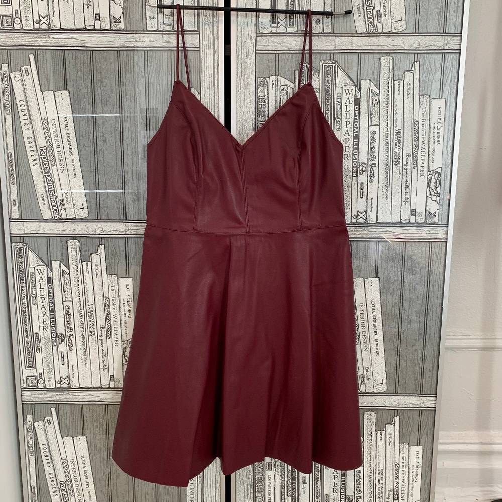 Faux Leather Fit Flare Short Dress Medium Burgundy